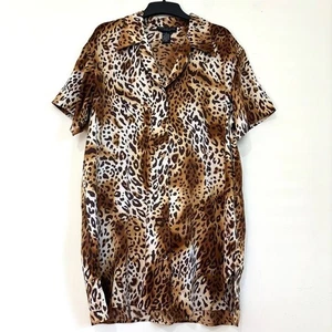 August Seide Intim Vintage Gepard Kurzarm V-Ausschnitt Knopfleiste Hemdkleid M - Bild 1 von 17