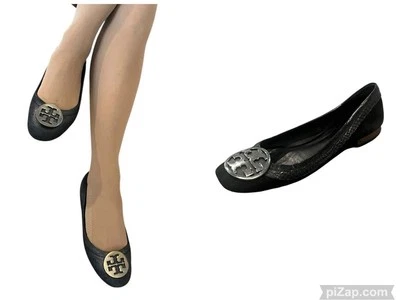 Zapatos planos de ballet Tory Burch REVA de cuero negro gamuza punta cuadrada para mujer 7 Foto 1 de 4