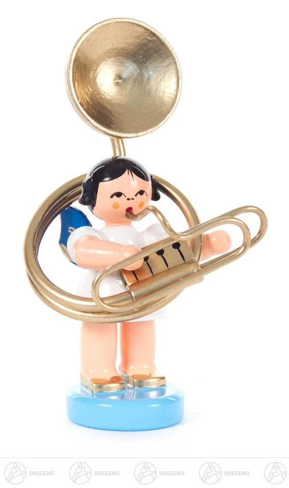 Engel mit Susaphon stehend, blaue Flügel Höhe = 85mm NEU Holzengel Holzfigur - Bild 1 von 1