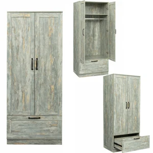 2 Door High Wardrobe and Kitchen Cabinet with Drawers,Hanging Rod&Two Partitions - Picture 1 of 12