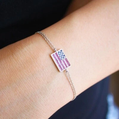 2.00Ct Round Cut Lab Created Ruby Sapphire Flag Bracelet 14k White Gold Plated - Image 1 of 4