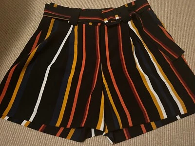 NEW Primark Womens Belted Shorts Summer Holiday Multicolour Stripe Black Size 10 - Image 1 of 4