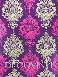 10M PURPLE DAMASK FABLON PINK STICKY BACK PLASTIC SELF ADHESIVE WALLPAPER MOTIF - Picture 1 of 6