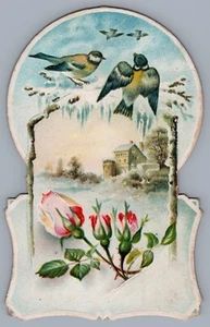 1800s Victorian Trade Card Winter Scene w/ Birds, Homestead, Die Cut  9888 - Picture 1 of 2