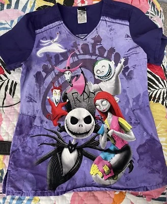 Nightmare Before Christmas Womens Scrub Top Purple Sz Small Double Sided Disney - Image 1 of 4