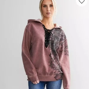 Affliction Live Fast Blossom Lace Up Medium Hooded Sweatshirt Rhinestone Pink - Picture 1 of 10