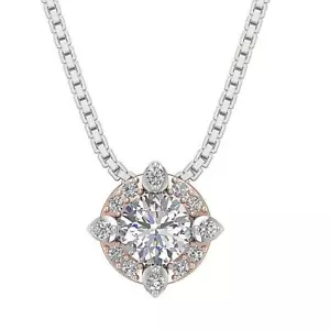 VS F 0.65Ct Lab Grown Round Diamond Halo Cluster Pendant Necklace 14K Solid Gold - Picture 1 of 11