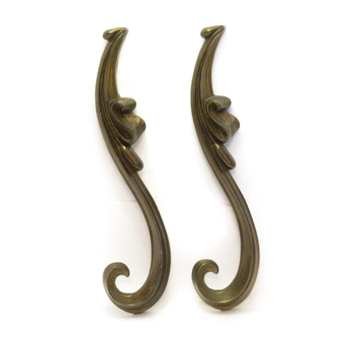 Pair 2 Mid-Century Architectural Salvage Cast Metal Brass Tone Scroll & Leaf 16" Cover