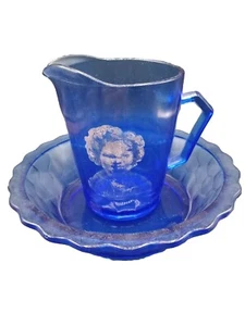 VTG SHIRLEY TEMPLE COBALT BLUE DEPRESSION GLASS PITCHER WITH BOWL HAZEL ATLAS - Picture 1 of 14