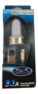 Solaray 3.1A Dual USB Car Charger & USB Cable Gold for iPhone iPad iPod New USA - Picture 1 of 4