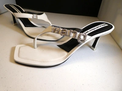 Alexander Wang WHITE Logo Thong Sandal LEATHER CRYSTAL WANG  37 1/2 7 1/2 Kitten - Image 1 of 4
