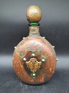 Vintage Leather Covered Green Glass Wine Decanter With Gold Crest Italy -Tears - Picture 1 of 14