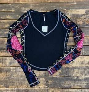 Camisa térmica negra floral bordada Free People Amara para mujer XS nueva con etiquetas - Imagen 1 de 9