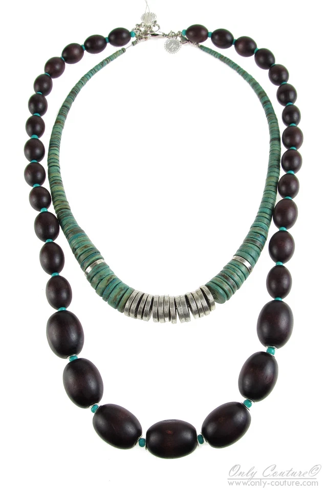Collar 2 en 1 Jessica Simpson Earthly Treasure cuentas de madera verde azulado tono plata $58 Foto 1 de 1