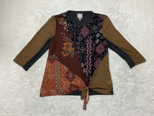 Truself Womens Size M Multicolor Patchwork Blouse Tie Hem 3/4 Sleeve Boho - Picture 1 of 12