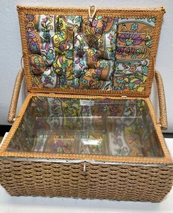 Large Mod Era Dritz Sewing Box Woven Straw Floral Pattern - Picture 1 of 17