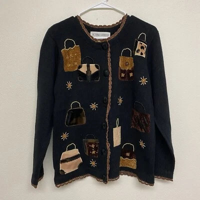 Victoria Harbour 钱包情人黑色开衫串珠钩针编织板毛衣 S 码 — 第 1/4 张图片