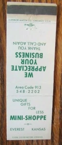 EVEREST, KANSAS: MINI-TIENDA AÑOS 60 MATCHBOOK MATCHCOVER -E - Imagen 1 de 1