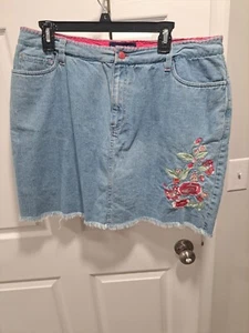 LA Blues Blue Denim Skirt Plus Size 16W Embroidered Floral Butterfly Fringe - Picture 1 of 5