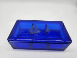 Hazel Atlas Rectangle 3-Part Box with Lid Ships Blue with White Art Deco  T54 - Picture 1 of 9