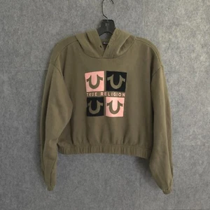 True Religion Women’s Large Brown Cropped Cinched Hoodie Sweatshirt Front Logo - Picture 1 of 16