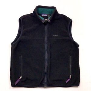 Vintage Patagonia Fleece Vest Mens Large Black Green Trim Full Zip Made in USA L