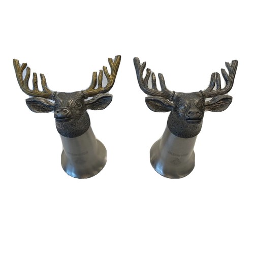 Jagermeister Shot Glasses Buck Stag Deer Head Pewter Set of 2 Gold Silver Antler