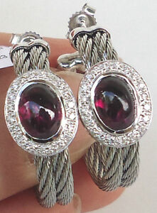 NEW $1295 Charriol Garnet Jellybean Diamond Hoop Earrings Cable Stainless Steel 