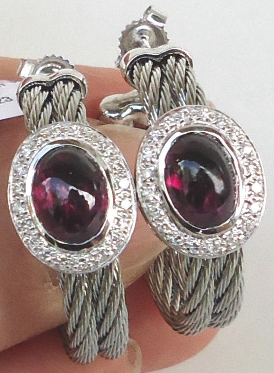 NUEVO $1295 Charriol Granate Galea Diamante Aro Pendientes Cable Acero Inoxidable  Foto 1 de 1
