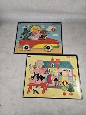 Lot Of 2 Vintage Pre-School Picture Puzzle Frame Tray Whitman 1958 Girl USA - Image 1 of 4