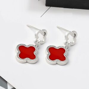 Double Flower Lucky Clover Black/Red Silver/Rose Gold Stud Dangle Earrings