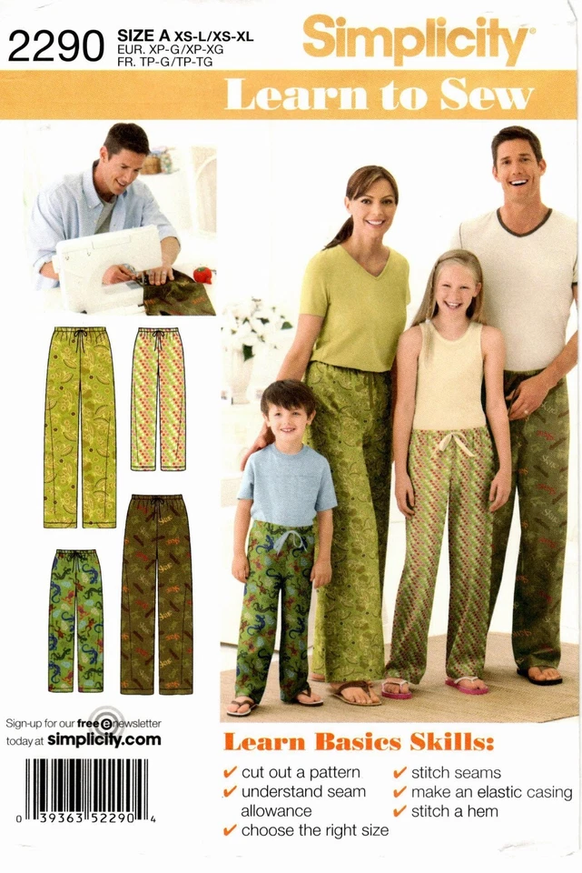 Sewing Pattern Simplicity 2290 Learn to Sew Pajama Bottoms Pants Adult Child