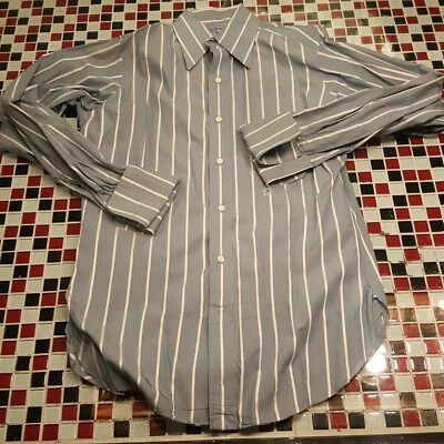 Camisa de vestir de colección años 60 70 OLEG CASSINI ~ PUÑO FRANCÉS 15x34 MEDIANA a rayas azul Foto 1 de 4