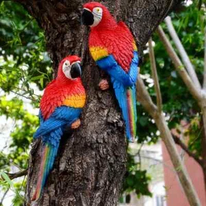 Resin Parrot Statue Wall Mounted Outdoor Garden Tree Decoration Animal Sculpture - Picture 1 of 44