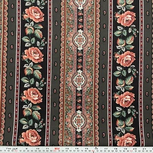 Vintage Cranston Striped Florals Black Charcoal Cotton Fabric by the HALF YARD - Picture 1 of 2