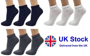 3 Pairs Ladies Lace Top Plain Ankle Socks Womens Girls Frilly Trim Trimmed 4-6 - Picture 1 of 5