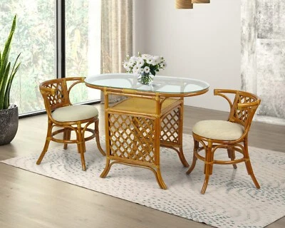 Juego de comedor de ratán hecho a mano Borneo: mesa ovalada con vidrio + 2 sillas, colonial Foto 1 de 4