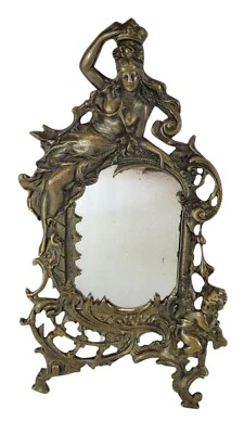 Antique Art Nouveau Ornate Bronze Cast Iron Siren & Cherub Mirror Picture Frame - Image 1 of 4