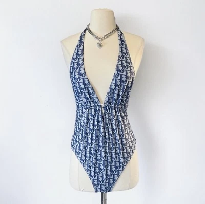 Vintage Christian Dior Monogram Swimsuit Blue Logo Plunge Luxury Spring 2002 XL - Image 1 of 4