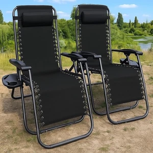 Zero Gravity Reclining SunLounger 2x Outdoor Garden Chairs Foldable W/Cup Holder - Picture 1 of 9