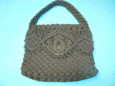 Vtg BLACK Macrame Purse Handbag Homemade Woven Crochet Hippie 60s 70s Hobo Lined - Image 1 of 4