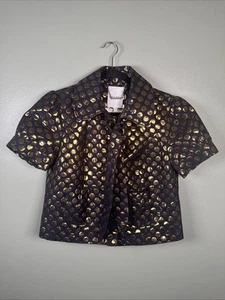 WALTER Cropped Button Tie Blazer Navy With Gold Metallic Polka Dots Women’s Sz 8 - Picture 1 of 11