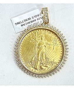 1.00 ct NATURAL DIAMOND US double eagle 34 MM bezel coin frame 14k yellow gold