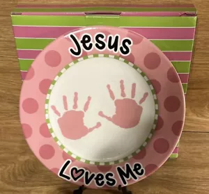 JESUS LOVES ME Plate Girl Pink Baby Shower Communion Baptism Lovin' Life Burton - Picture 1 of 4