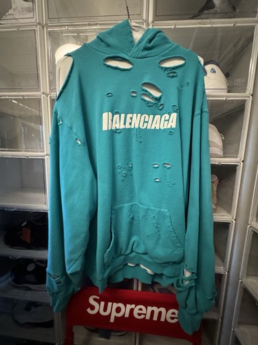 Balenciaga Felpa Con Cappuccio Distrutta Reversibile Blu e Bianca Taglia L Lavora Una Volta