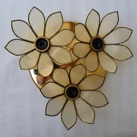 VINTAGE MOTHER OF PEARL LOTUS FLOWERS FLUSH MOUNT by BOULANGER CEILING LIGHT 70s Cover