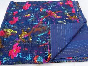 Indian Bird Print Kantha Quilt Bedspread Throw Cotton Bed Cover Blanket
