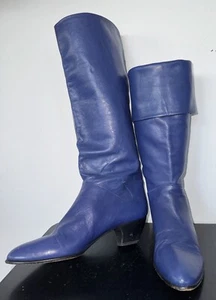 Vtg 70s 80s Sz 7.5 Blue Leather Slouch Boots Leather Sole 70s 80s WW Skinny Jean - Picture 1 of 6