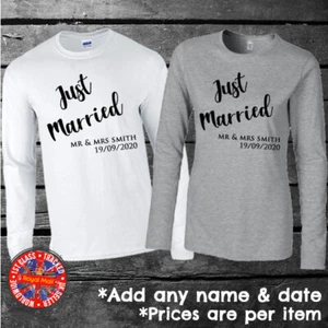 Just Married Matching Personalised Long Sleeve T-shirts Couples Set Wedding - Picture 1 of 1