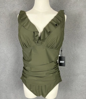 Traje de baño de una pieza Dkny para mujer con volantes con aros control abdominal musgo 16 nuevo con etiquetas Foto 1 de 4
